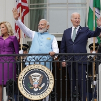 Dr. Jill Biden, Prime Minister Narendra Modi, and Presidetn Joeseph Biden on the south portico of the White House, Washington D. C. via @narendramodi on Twitter.