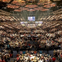 Sunday worship at Lakewood Church, Houston Texas. Photo by Wikimedia Commons user ToBeDaniel used under a Creative Commons By Attribution license.