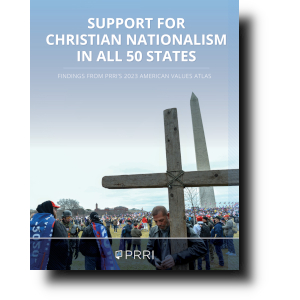 Cover image of "Support for Christian Nationalism in All 50 States: Findings from PRRI’s 2023 American Values Atlas." Background image copyright Getty Images, used under a fair use claim. The use of the image is for educational purposes, and is unique in its illustrative function. The image portrayed is of a book cover, that is being discussed in a critical context. 